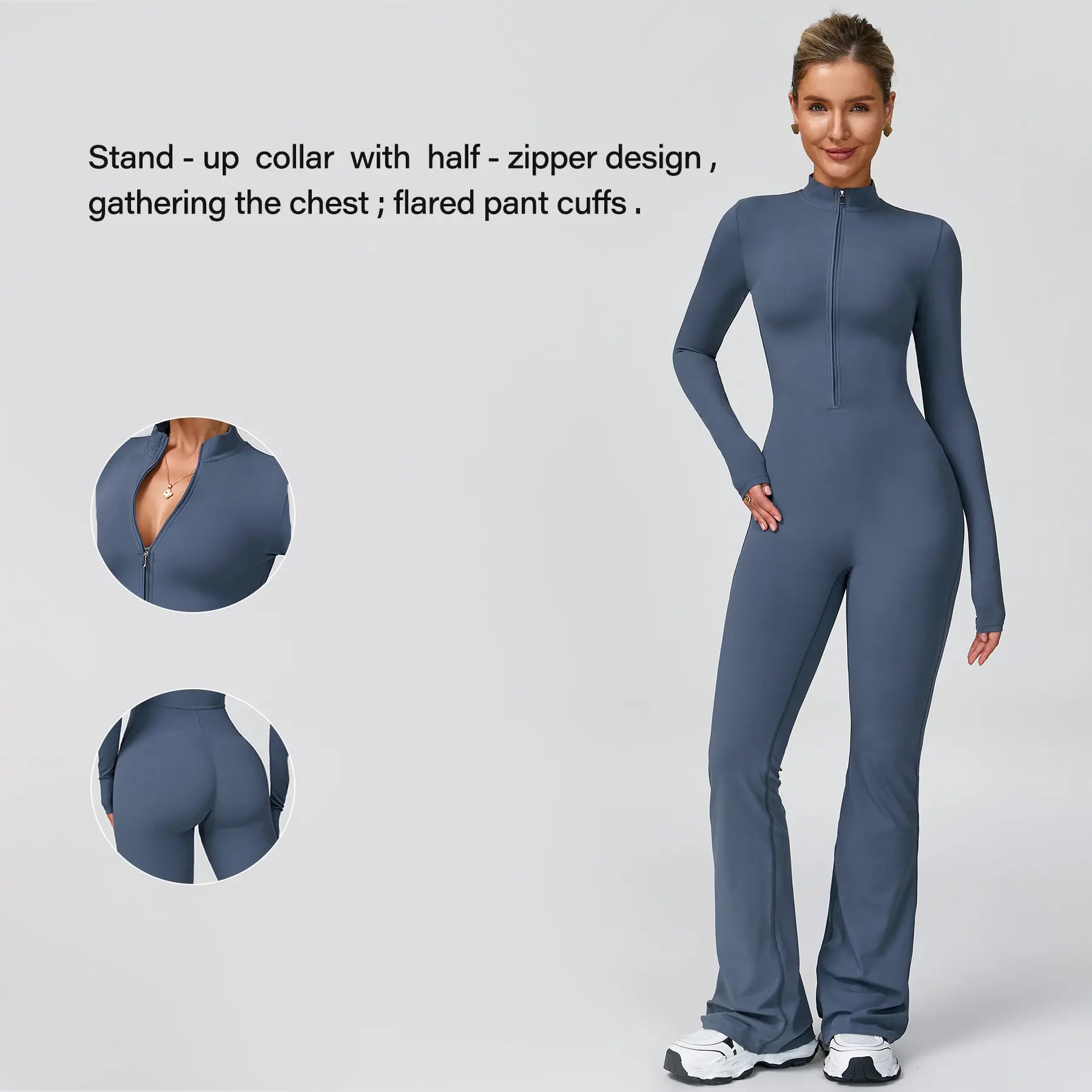 Women's Long Sleeve Flared Sports Jumpsuit - Zipper Activewear