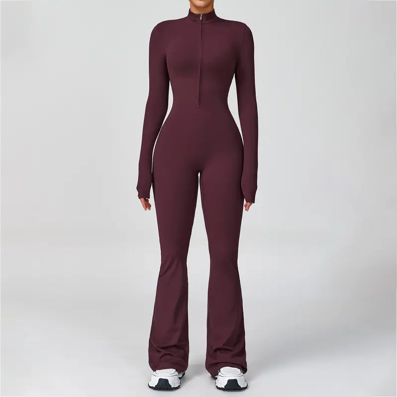Women's Long Sleeve Flared Sports Jumpsuit - Zipper Activewear
