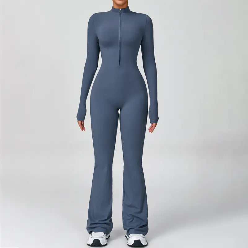 Women's Long Sleeve Flared Sports Jumpsuit - Zipper Activewear