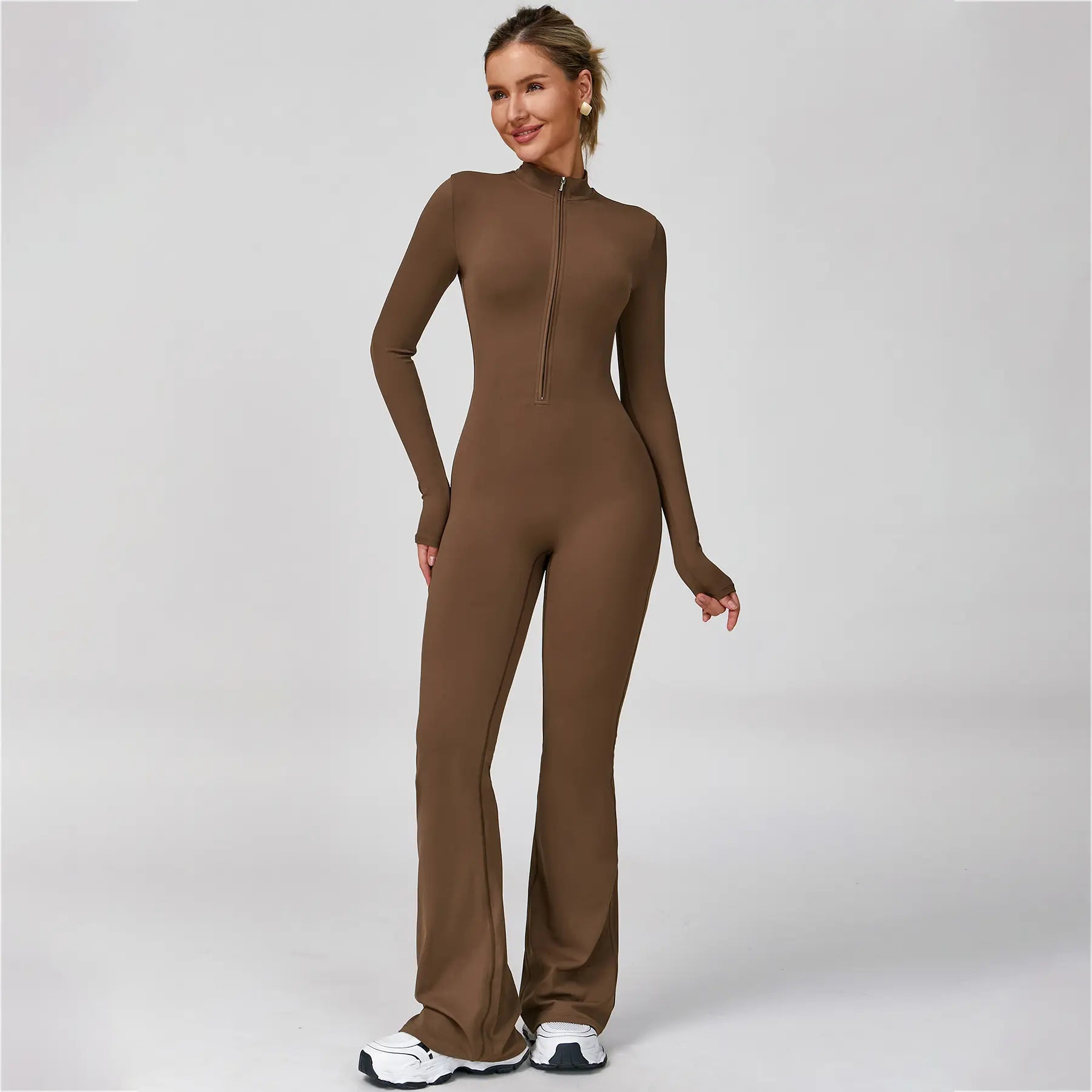 Women's Long Sleeve Flared Sports Jumpsuit - Zipper Activewear
