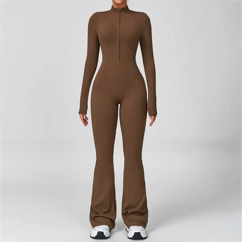 Women's Long Sleeve Flared Sports Jumpsuit - Zipper Activewear