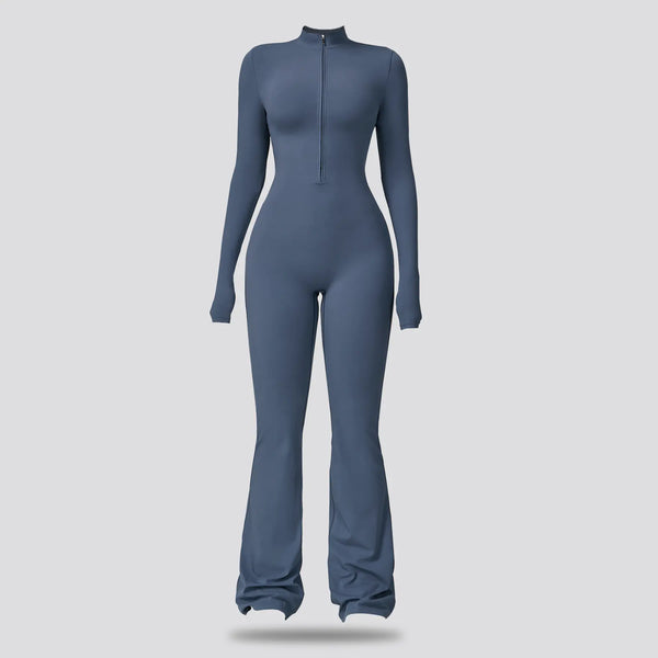 Women's Long Sleeve Flared Sports Jumpsuit - Zipper Activewear