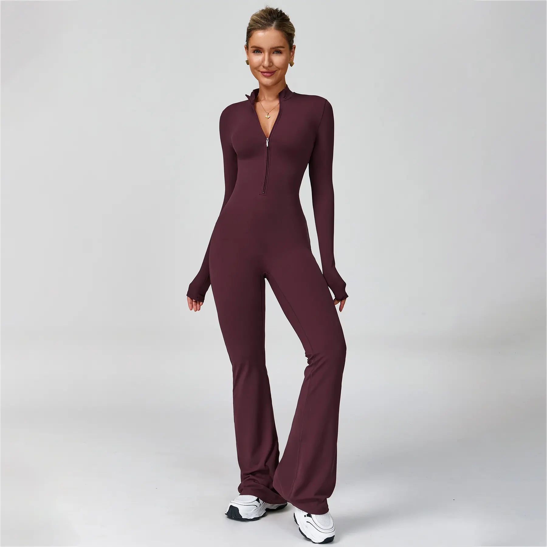 Women's Long Sleeve Flared Sports Jumpsuit - Zipper Activewear