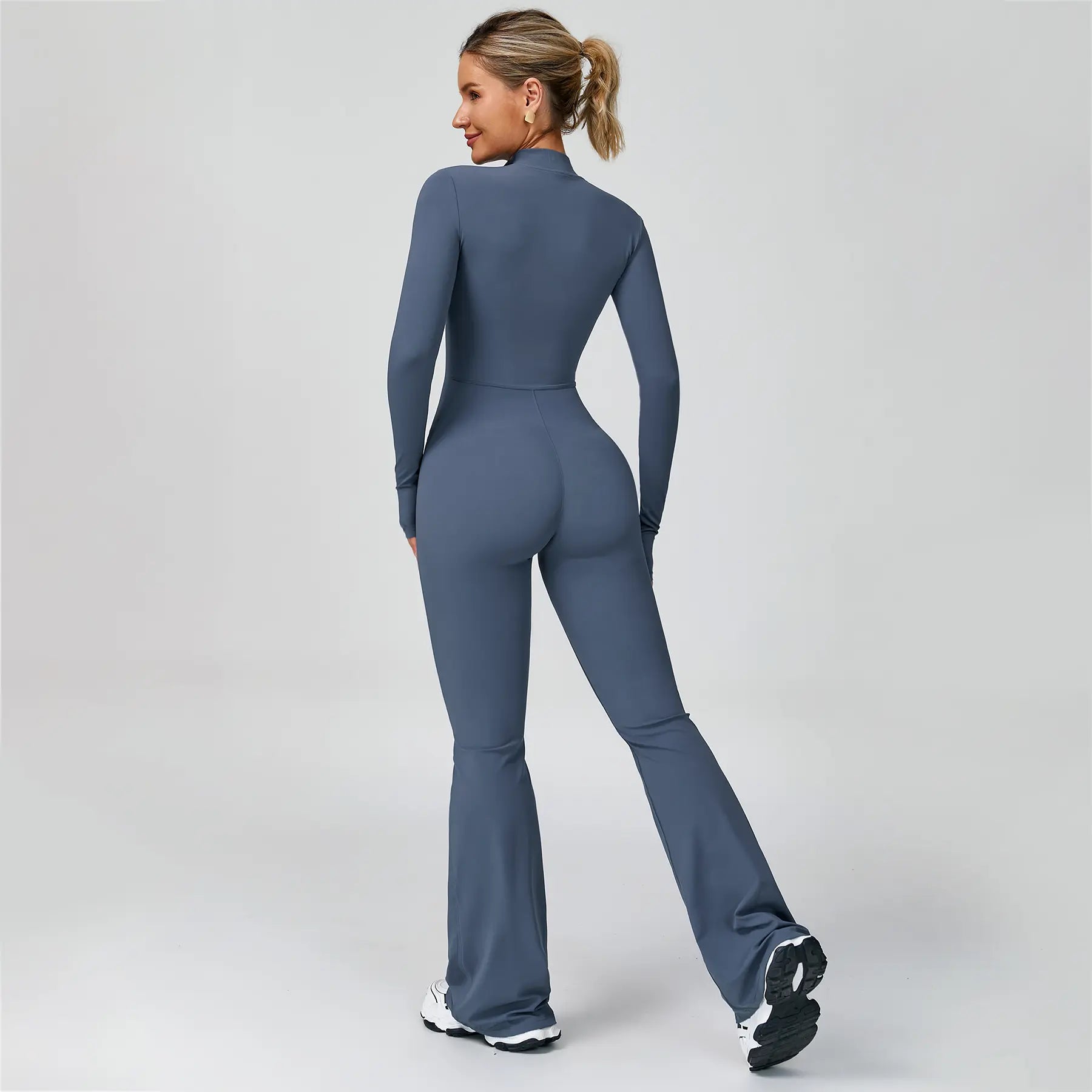 Women's Long Sleeve Flared Sports Jumpsuit - Zipper Activewear
