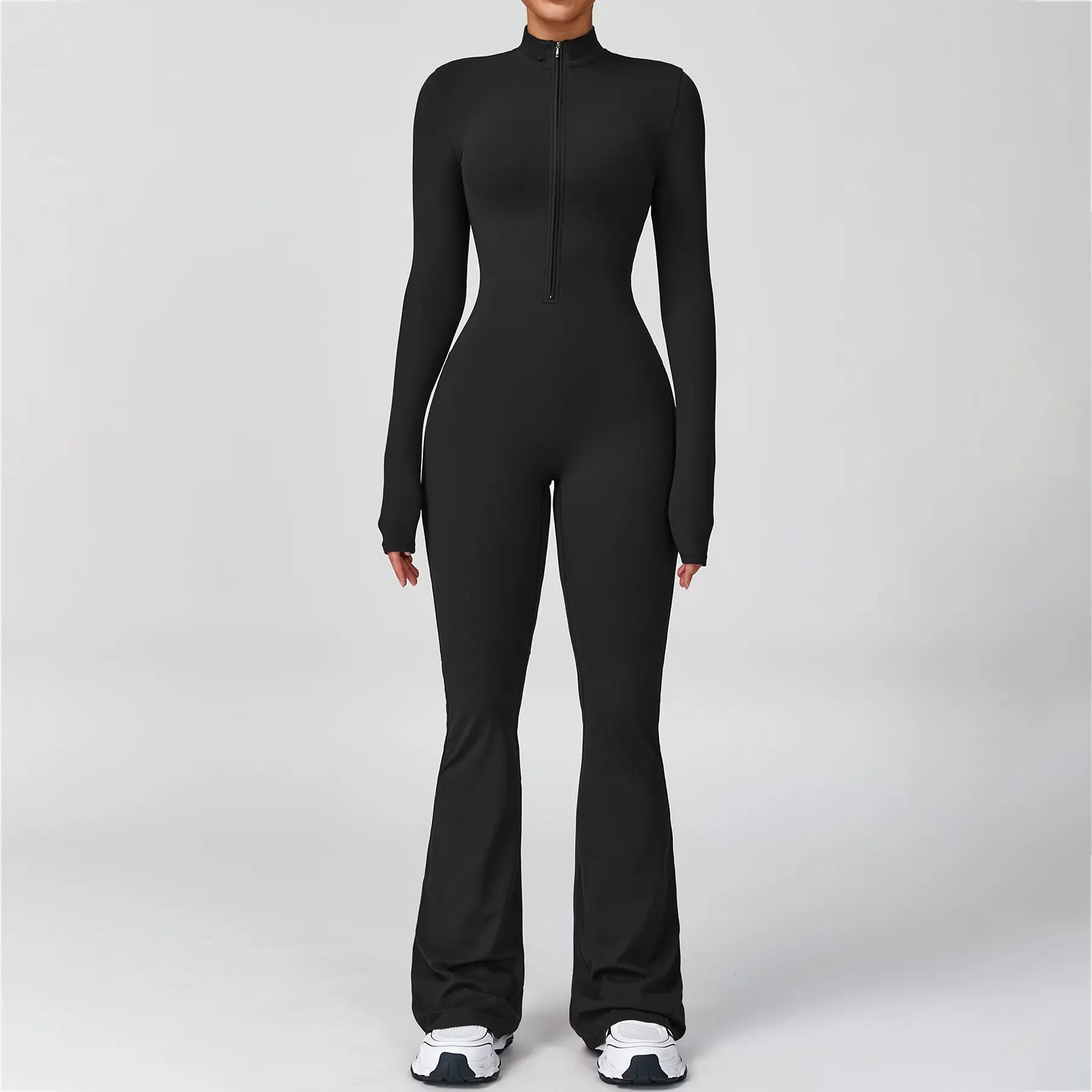 Women's Long Sleeve Flared Sports Jumpsuit - Zipper Activewear